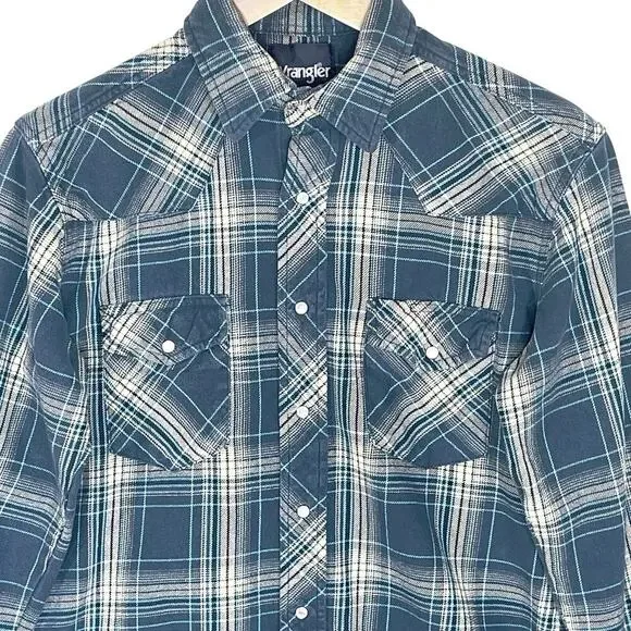 WRANGLER Men’s Blue Plaid Flannel Western Snap Front Shirt Medium - Picture 2 of 5